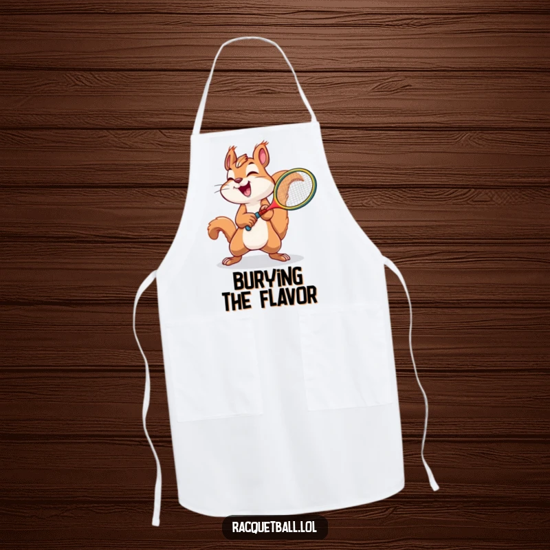 Funny squirrel tennis apron featuring a joyful squirrel swinging a tiny racquet with immense effort.