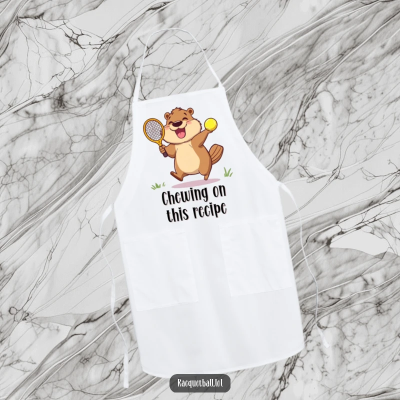 Funny apron featuring an ecstatic beaver enthusiastically leaping to hit a racquetball, perfect for a kitchen sports fan.