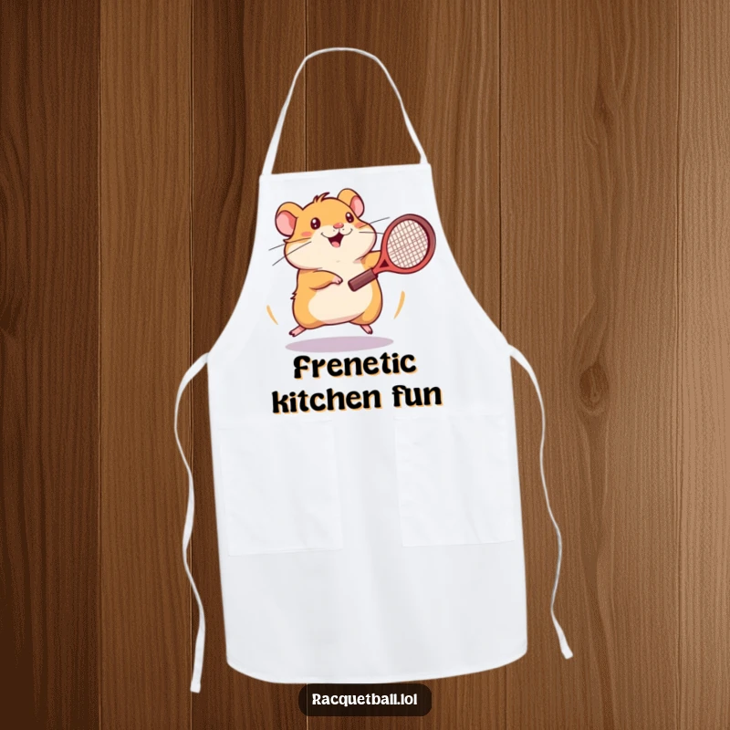 Funny hamster tennis apron featuring an energetic hamster spinning frantically with a tennis racquet.