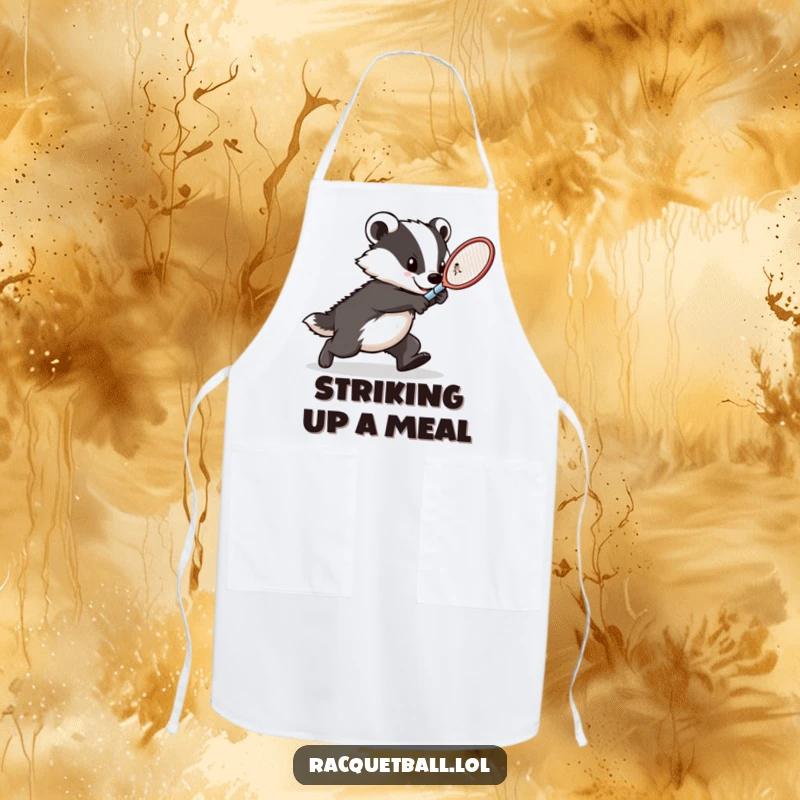 Funny badger tennis apron, a determined athlete lunging with a racquet, perfect for kitchen action and adding a humorous touch.