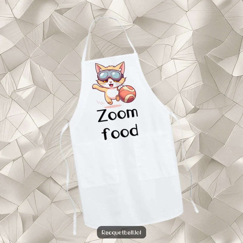 Funny apron showing a cat with oversized goggles enthusiastically chasing a fast-moving ball, ideal for adding humorous flair to cooking.