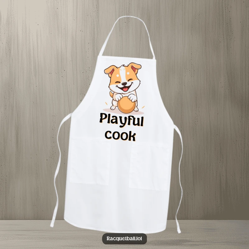 Funny apron showing a dog with a determined grin hitting a ball with a playful pounce, ideal for adding humorous flair to cooking.