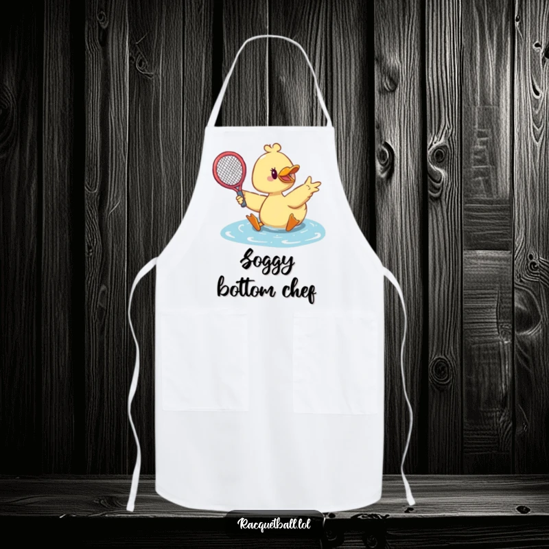 Funny duck tennis apron featuring a cute duck sliding dramatically with a racquet outstretched to make a save.