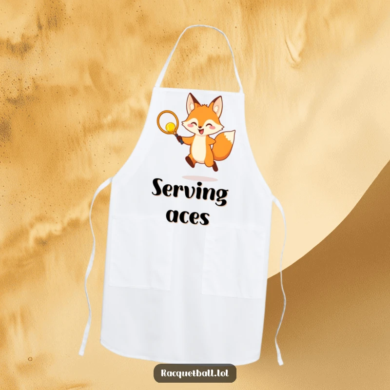 Funny Apron: A cheerful fox leaping gracefully to hit a yellow racquetball with a small racquet, bringing fun to the kitchen.