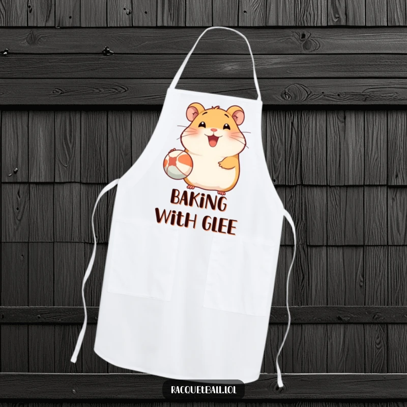 Funny Hamster Apron: A chef hamster with a big smile serving a ball, designed for kitchen fun and protection.
