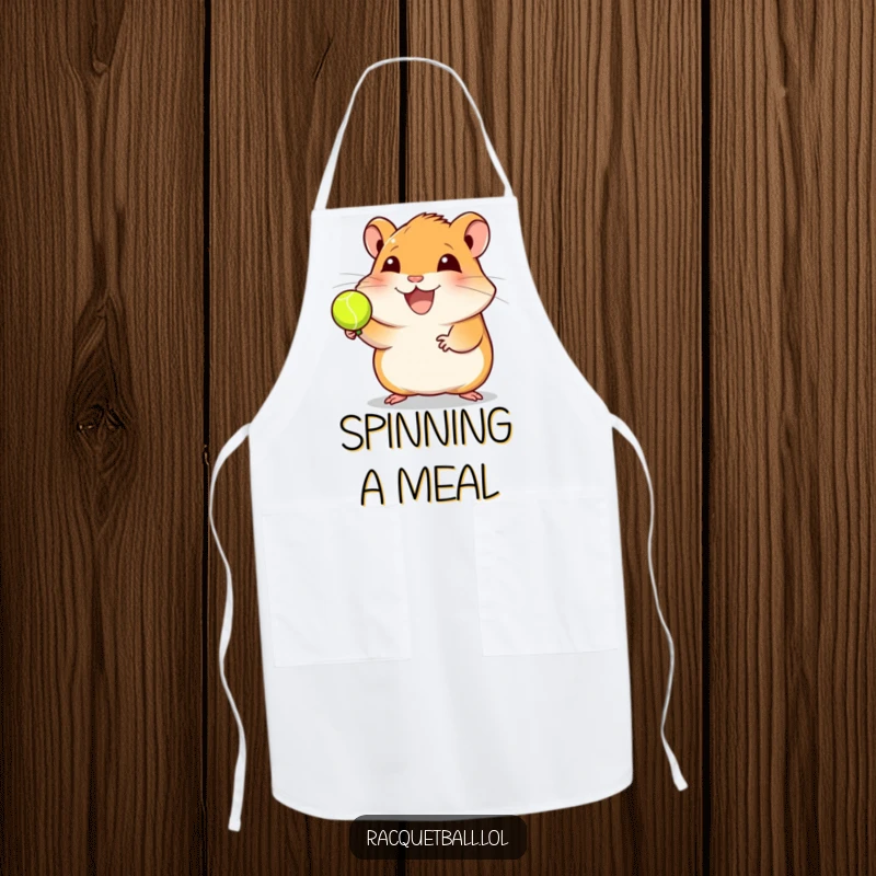 Funny hamster racquetball apron featuring a joyful hamster spinning a ball, perfect for culinary adventures with a humorous spin, a great gift.