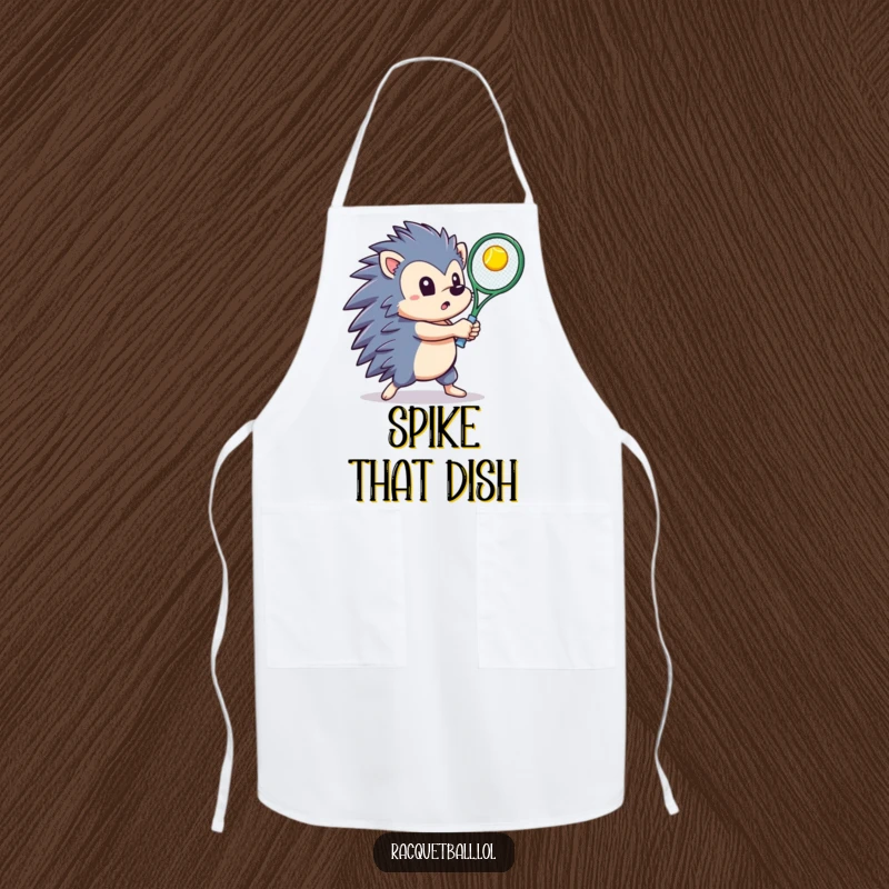 Determined hedgehog wearing an apron, swinging a tennis racquet to hit a bright ball upwards while cooking.