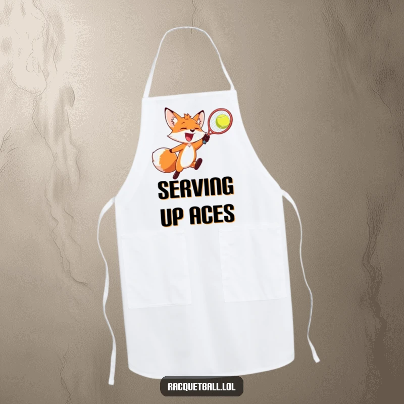 Funny kitchen apron, a joyful fox leaping to smash a racquetball, for humorous cooking adventures.