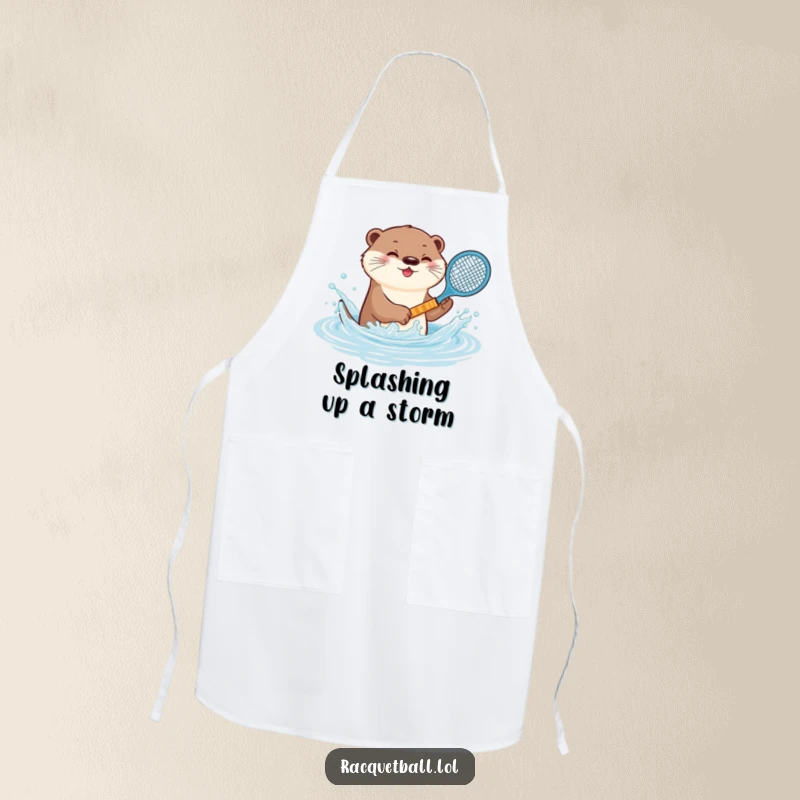 Funny otter tennis apron, a playful animal splashing water with a miniature racquet, perfect for kitchen fun and adding a splash of humor.