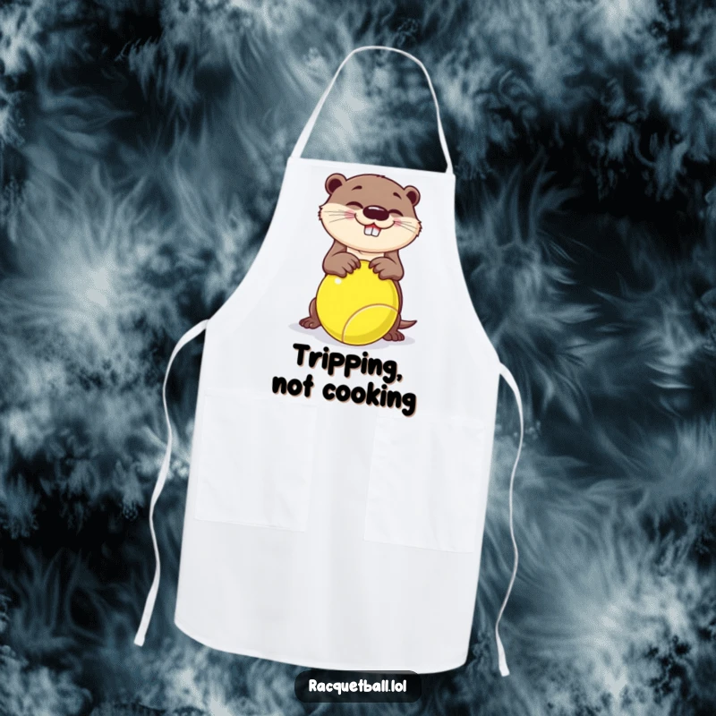 Funny kitchen apron, a playful otter comically tripping over a giant racquetball, for humorous culinary adventures.