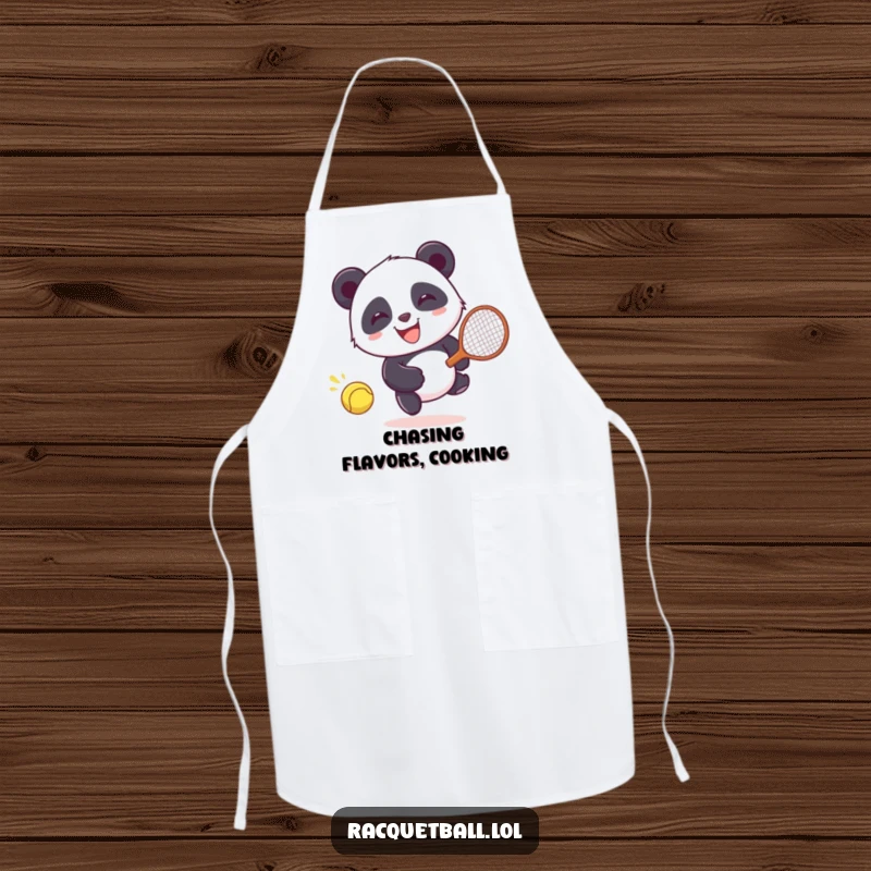 Funny Apron: Giggling panda character happily chasing a runaway racquetball, bringing playful humor to the kitchen.