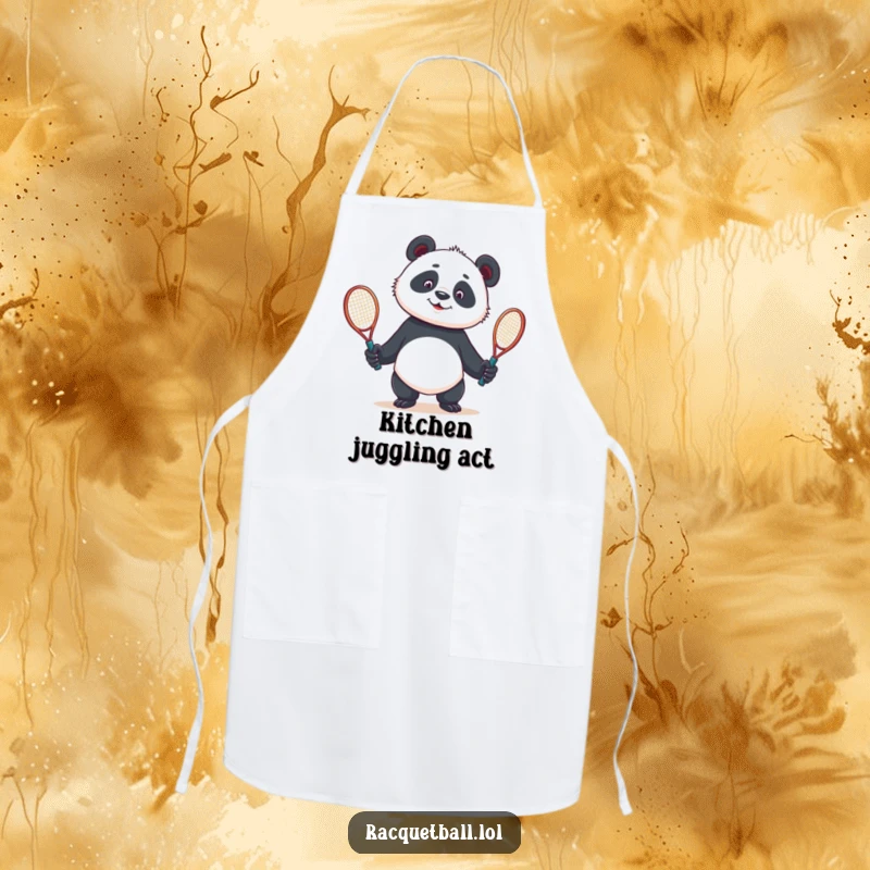 Funny apron depicting a curious panda comically attempting to juggle two tennis racquets in a kitchen setting.
