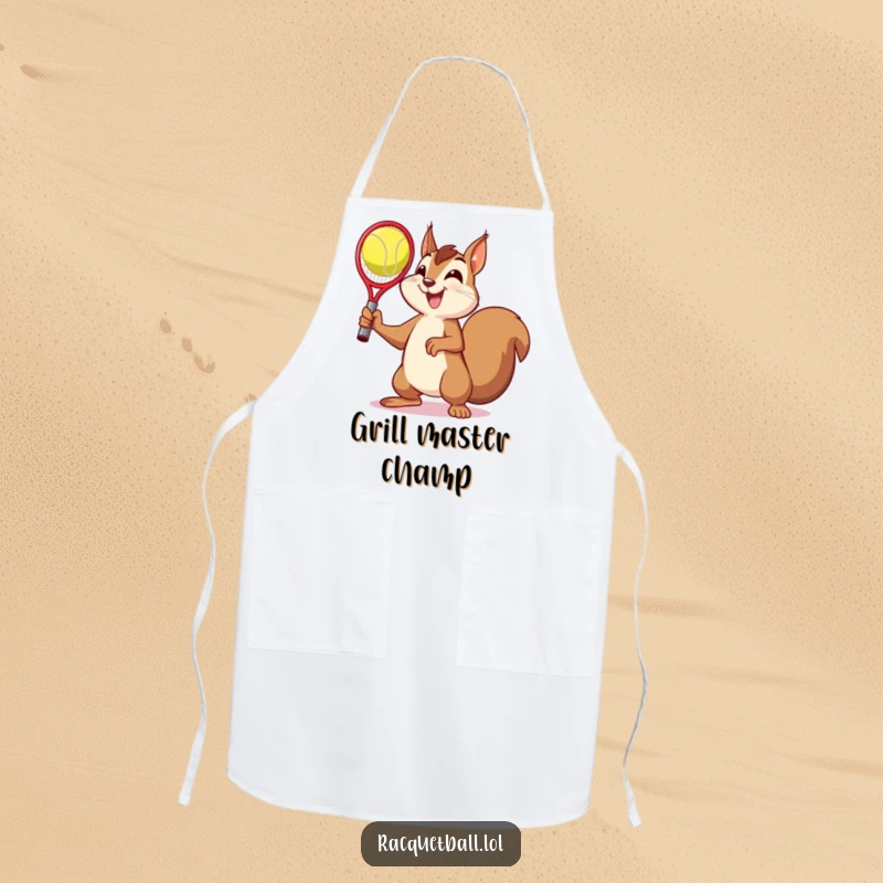 Funny apron showing a squirrel in a victory pose with a racquetball, a humorous kitchen accessory for the culinary champion.
