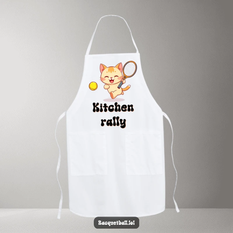 Funny Cat Tennis Apron showcasing a happy cat bounding after a brightly colored ball with a racquet, perfect for kitchen athletes.