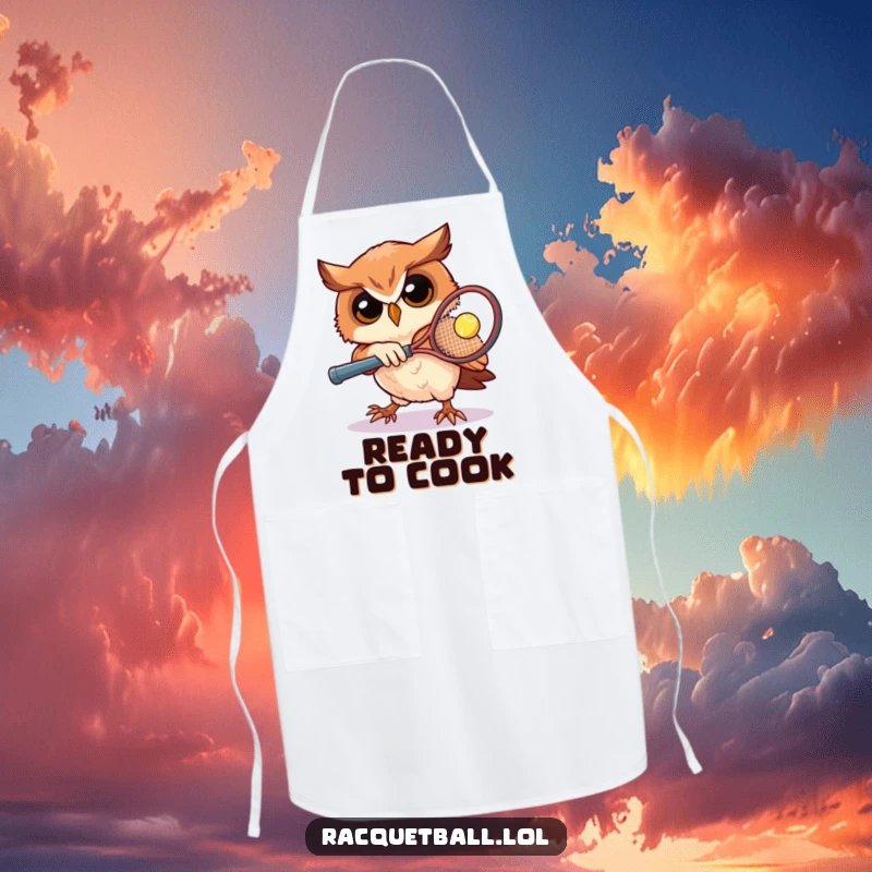 Funny owl tennis apron featuring a determined owl playing racquetball, perfect for kitchen battles with a humorous athletic twist, a great gift.