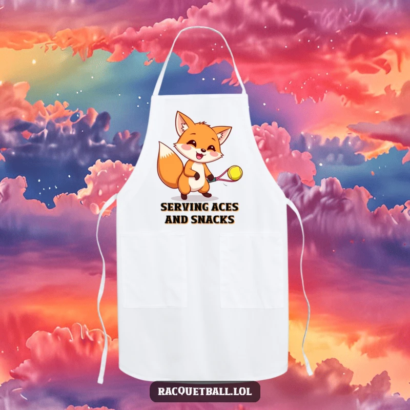 Funny apron with a gleeful fox wiggling its ears while catching a bouncing racquetball, great for culinary fun.