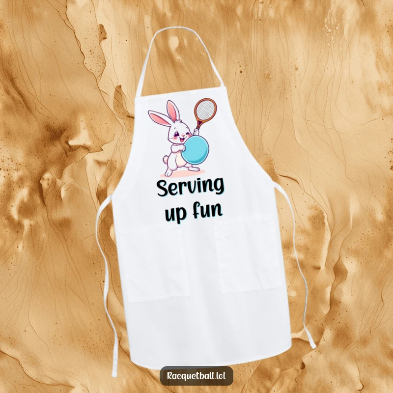 Funny Rabbit Apron: A chef rabbit comically swinging a racquetboard, keeping kitchen messes at bay with humor and style.