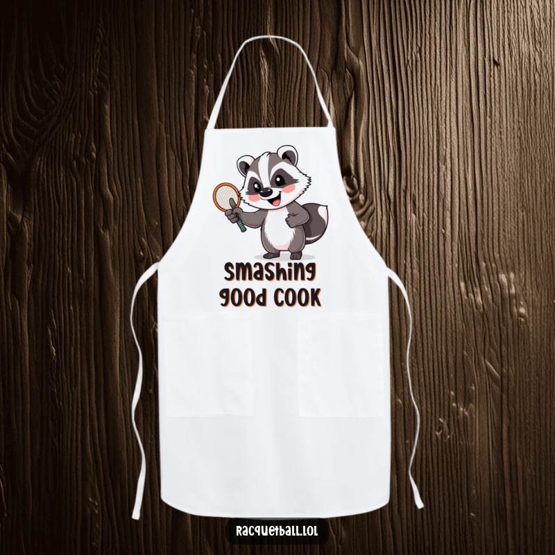 Funny badger apron featuring a cheerful badger giving a thumbs up, holding a tennis racquet. Ideal for sports-themed cooking fun.