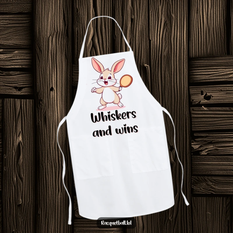 Funny bunny swinging a racquetball paddle on an apron. A sporty funny gift for chefs.