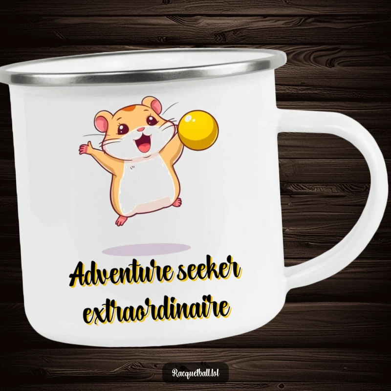 Funny camping mug showing a determined hamster leaping to smash a bright yellow ball, perfect for outdoor fun.