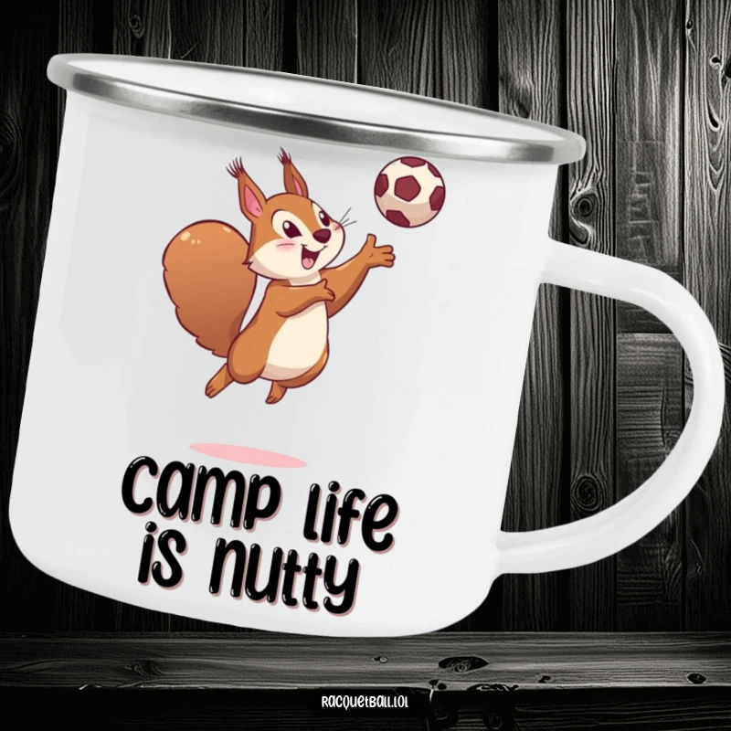 Funny camping mug with a determined squirrel leaping high, hitting a ball with a playful smile.