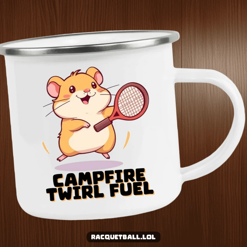 Funny hamster tennis camping mug showing an energetic hamster spinning frantically with a tennis racquet.