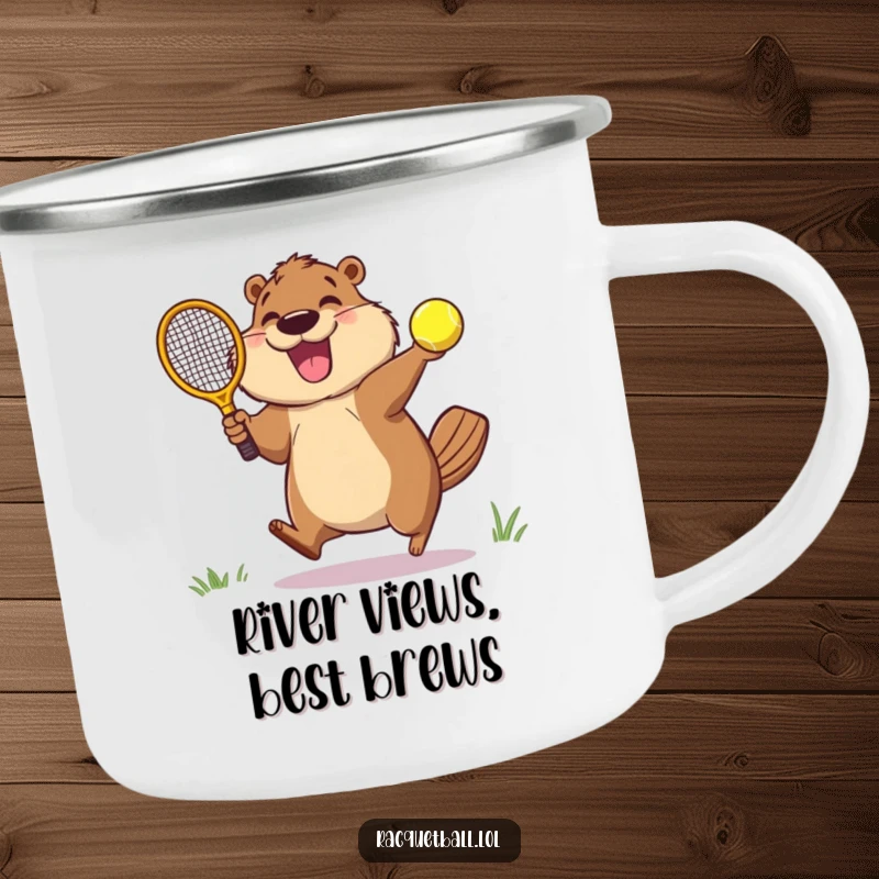 Funny camping mug featuring an elated beaver leaping to hit a racquetball, perfect for outdoor enthusiasts with a sense of humor.