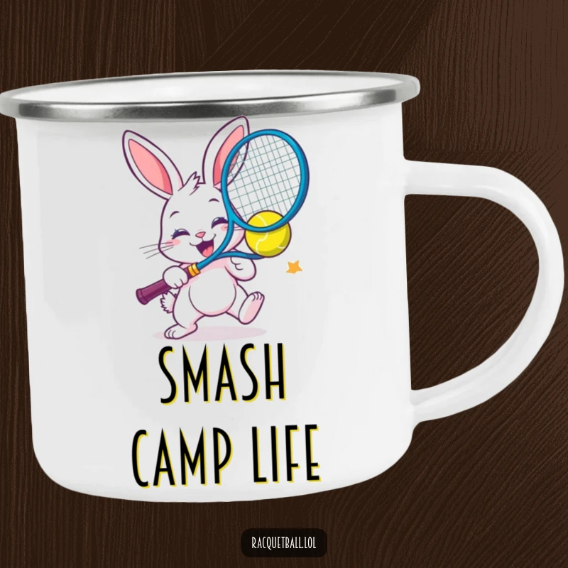 Funny camping mug with a cheerful bunny smashing a colorful racquetball with extreme enthusiasm.