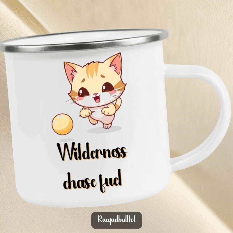 Funny camping mug showing a giggling cat character intensely focused on chasing a bouncing ball, outdoor adventure.