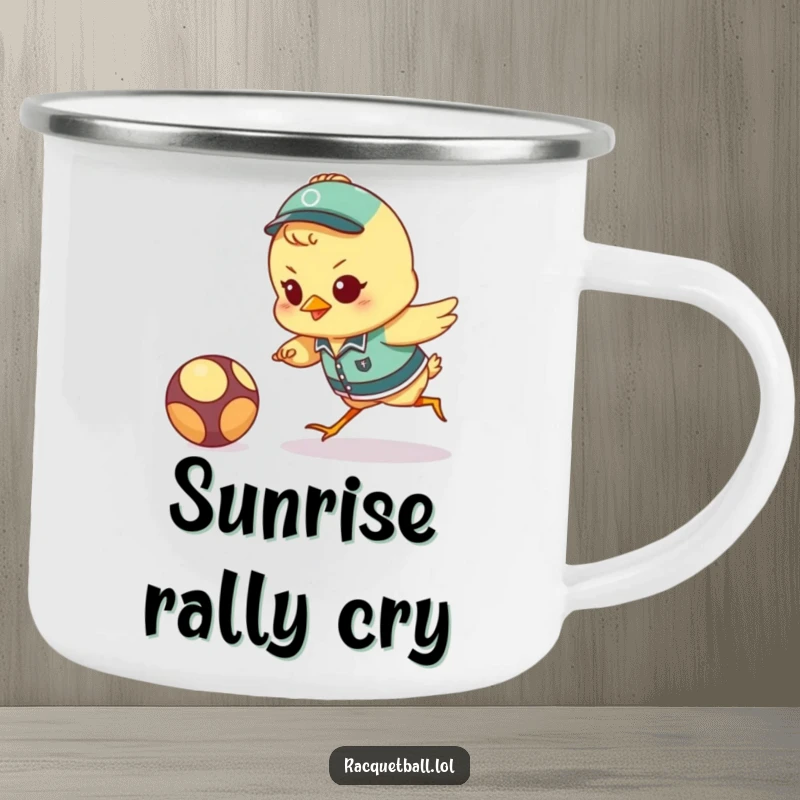 Funny chick campfire mug showing a tiny uniformed bird lunging energetically for a ball, perfect for outdoor enthusiasts.