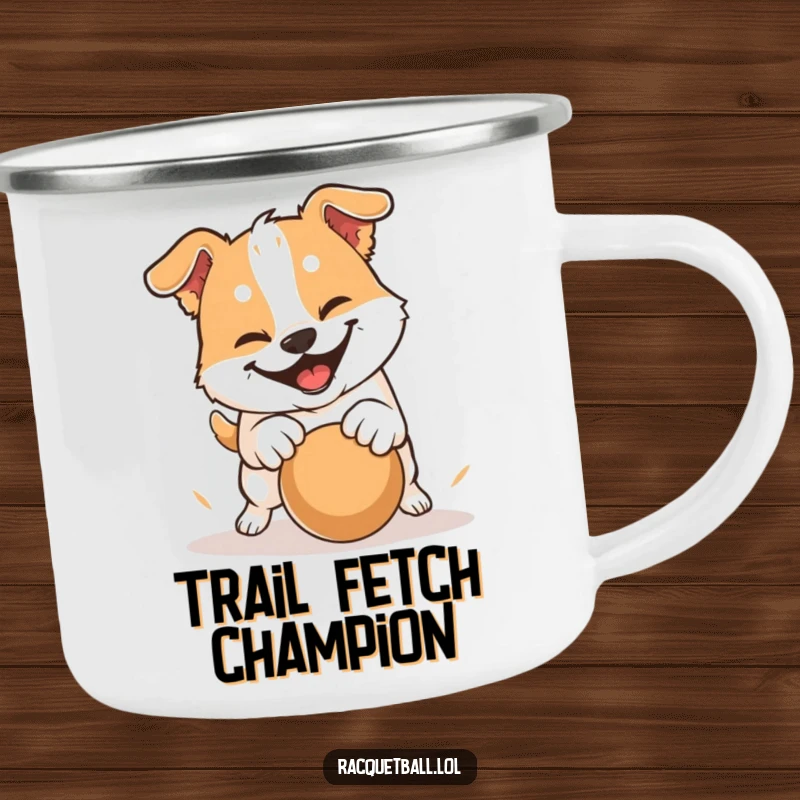 Funny camping mug with a dog having a determined grin, hitting a ball with a playful pounce, bringing playful energy to trips.