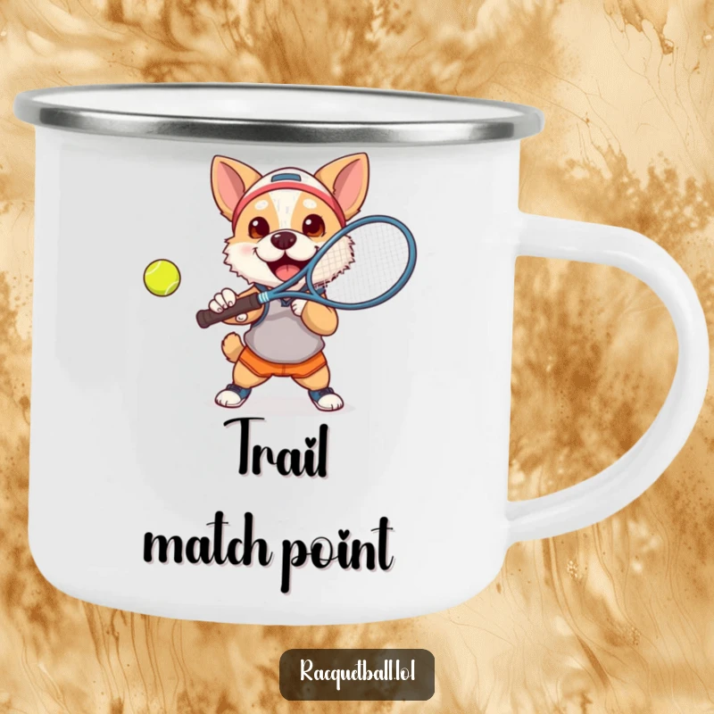 Funny dog tennis camping mug showing a determined dog smashing a tennis ball, perfect for outdoor adventures.