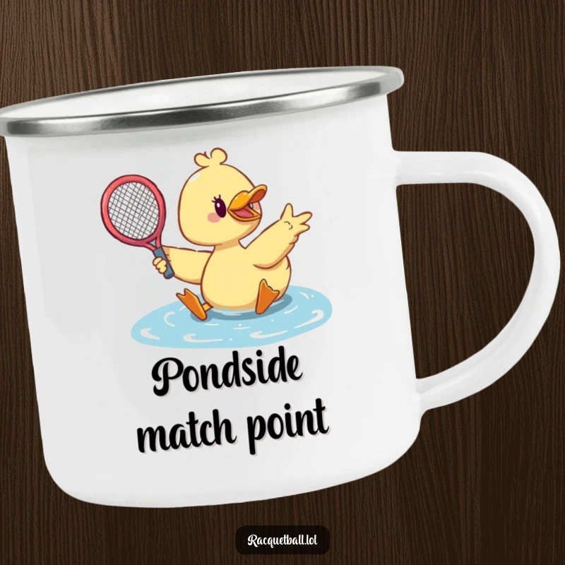 Funny duck tennis camping mug showing a cute duck sliding dramatically with a racquet outstretched to save.