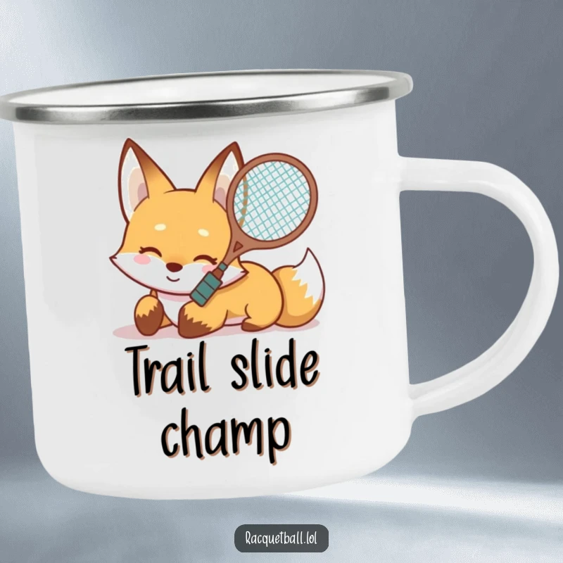 Funny Fox Slide Camping Mug: a smiling fox slides on its belly with a racquet, perfect for outdoor thrill-seekers.