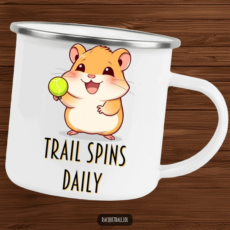 Funny hamster racquetball camping mug showcasing a joyful hamster spinning a ball, perfect for outdoor use and bringing fun to your campsite, a great gift.