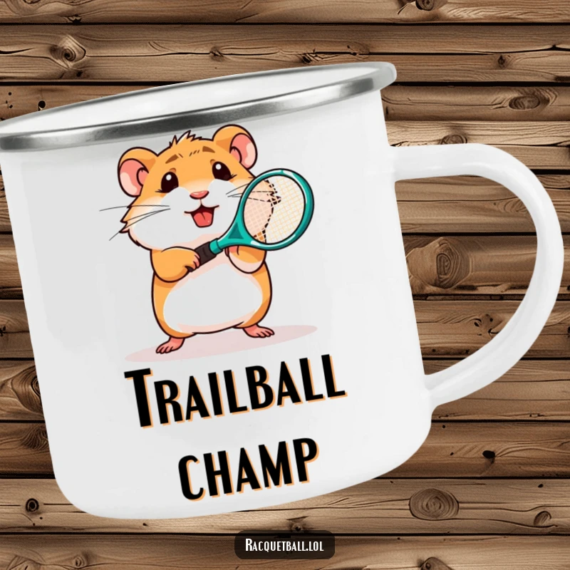 Funny camping mug showing a determined hamster character swinging a miniature plastic tennis racquet, outdoor adventure.