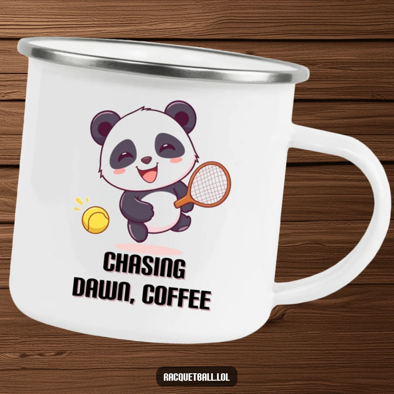 Funny Camping Mug: Giggling panda character happily chasing a runaway racquetball, adding playful humor to outdoor escapades.