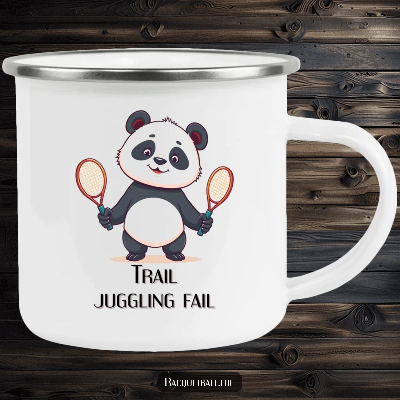 Funny camping mug featuring a curious panda comically juggling two tennis racquets, ideal for outdoor enthusiasts.