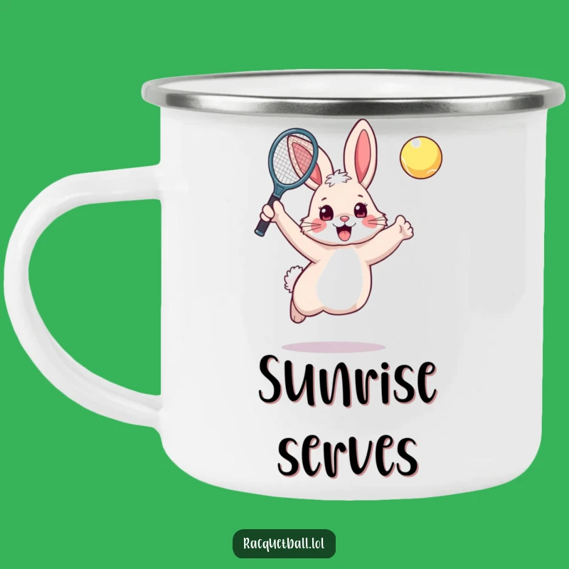 Funny Rabbit Tennis Camping Mug: Excited Bunny Plays Tennis, Outdoor Funny Gift