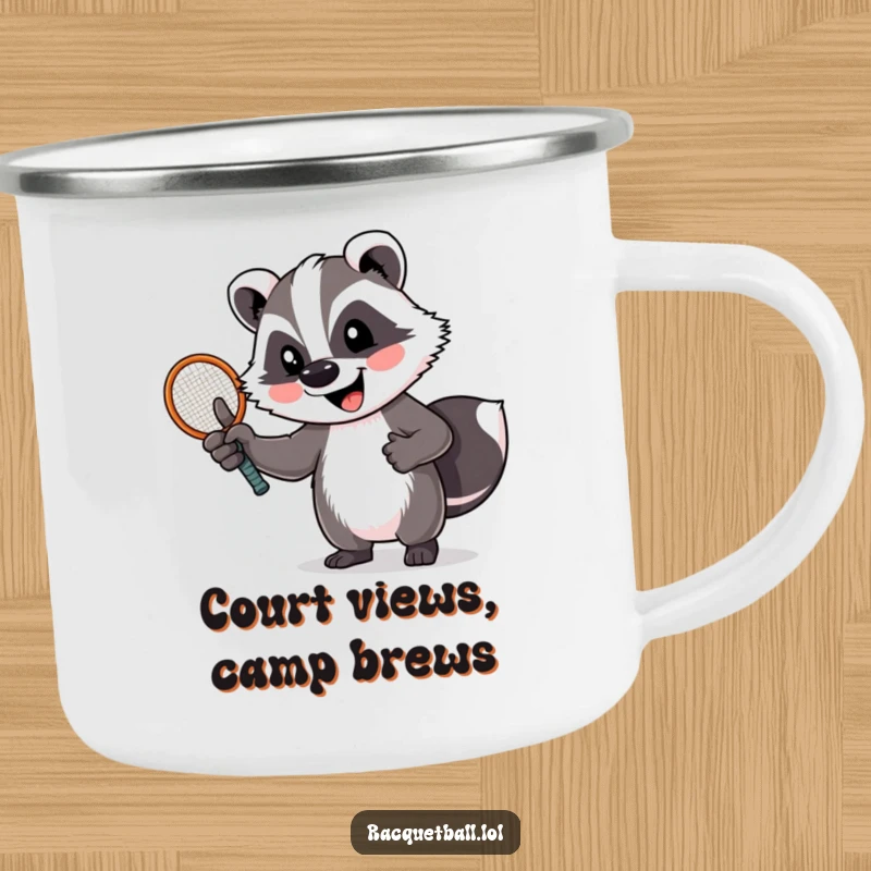 Funny badger camping mug with a cheerful badger giving a thumbs up, holding a tennis racquet. Ready for the great outdoors.