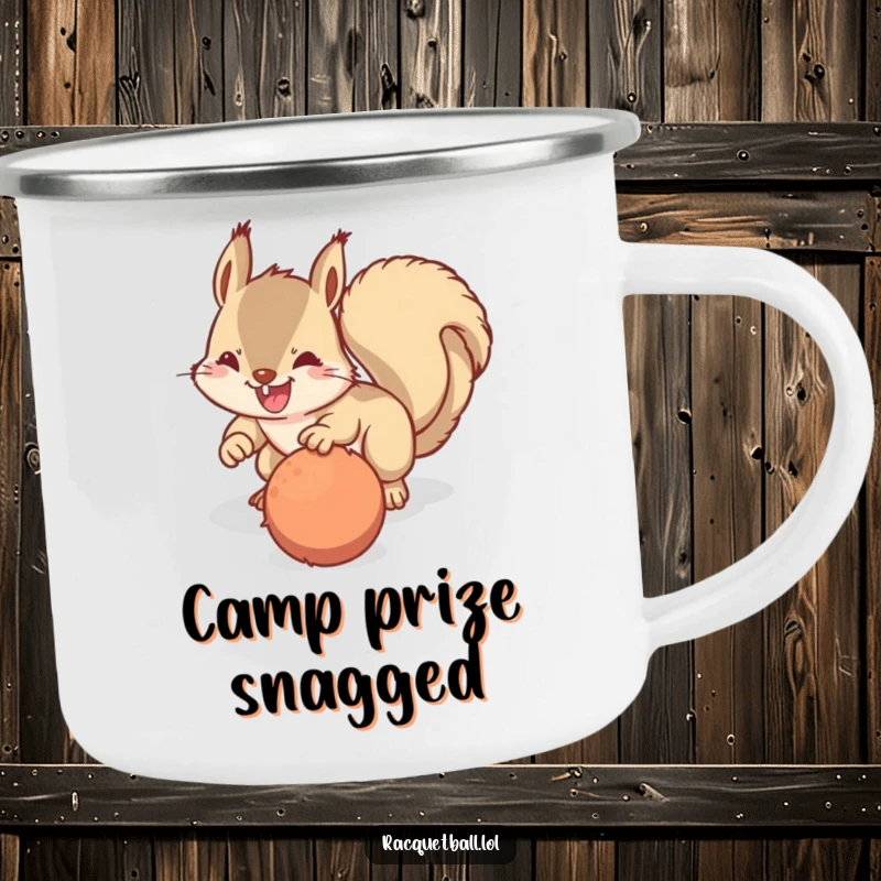 Funny camping mug with a happy squirrel in a determined dive for a fuzzy ball, bringing playful energy to outdoor trips.