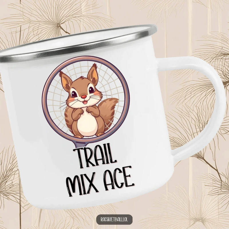 Funny squirrel camping mug showing a playful squirrel peeking through a large racquet frame, designed for humorous outdoor sports enjoyment.