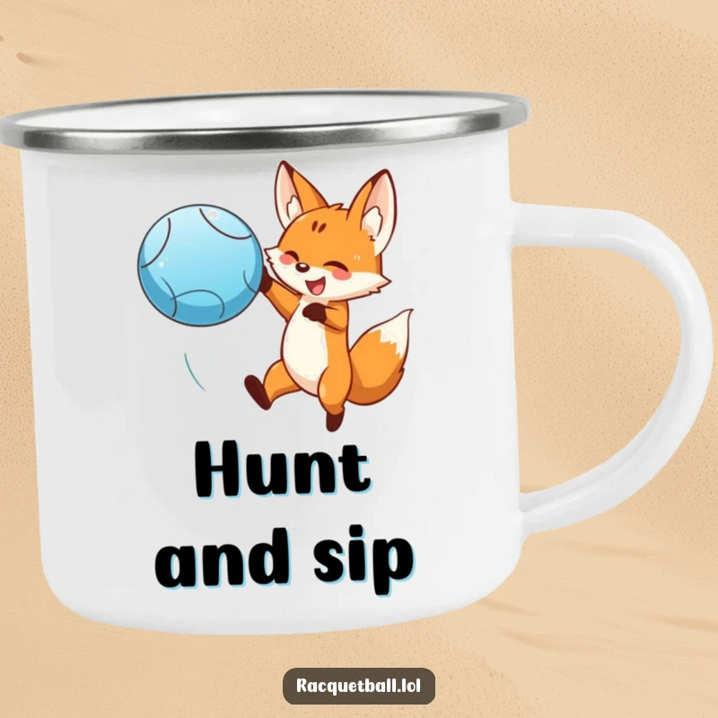 Funny smiling fox leaping dramatically with a blue ball on a camping mug. A dynamic funny gift for adventurers.