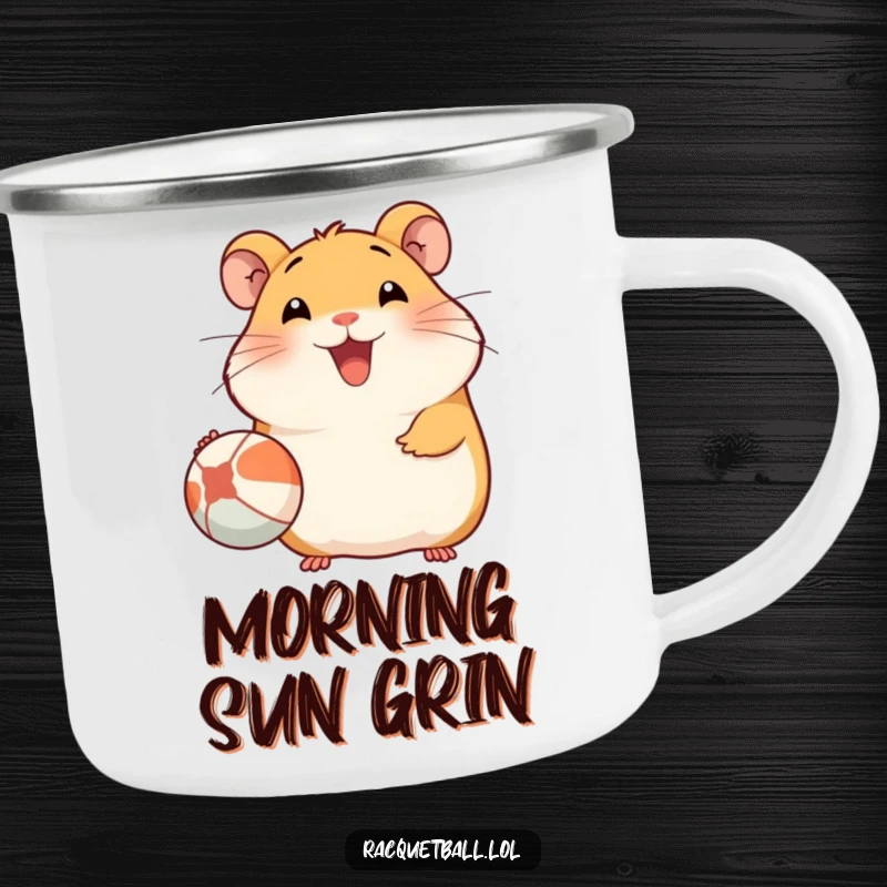Funny Hamster Camping Mug: A rugged mug with a happy hamster serving a ball, perfect for outdoor enjoyment and cheerful sipping.
