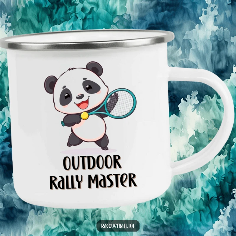 Funny camping mug showing a joyful panda playing tennis with an oversized racquet, perfect for outdoor fun.