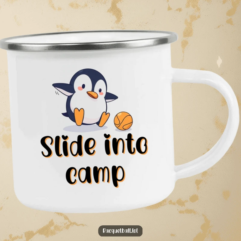 Funny camping mug featuring a clumsy penguin sliding on a tennis court, narrowly missing the ball, perfect for enjoying beverages during outdoor activities.
