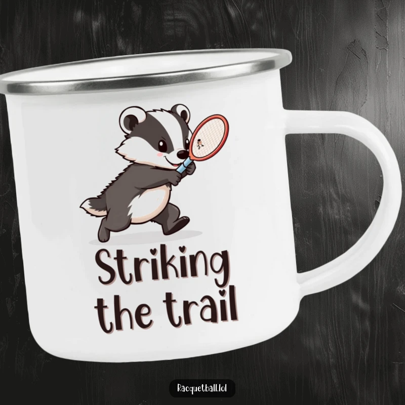 Funny badger tennis camping mug, a determined athlete lunging with a racquet, ready for outdoor challenges and bold sips.