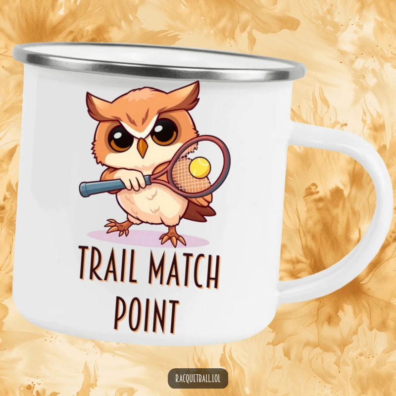 Funny owl tennis camping mug showcasing a determined owl playing racquetball, perfect for outdoor use and staying focused with a touch of humor, a great gift.