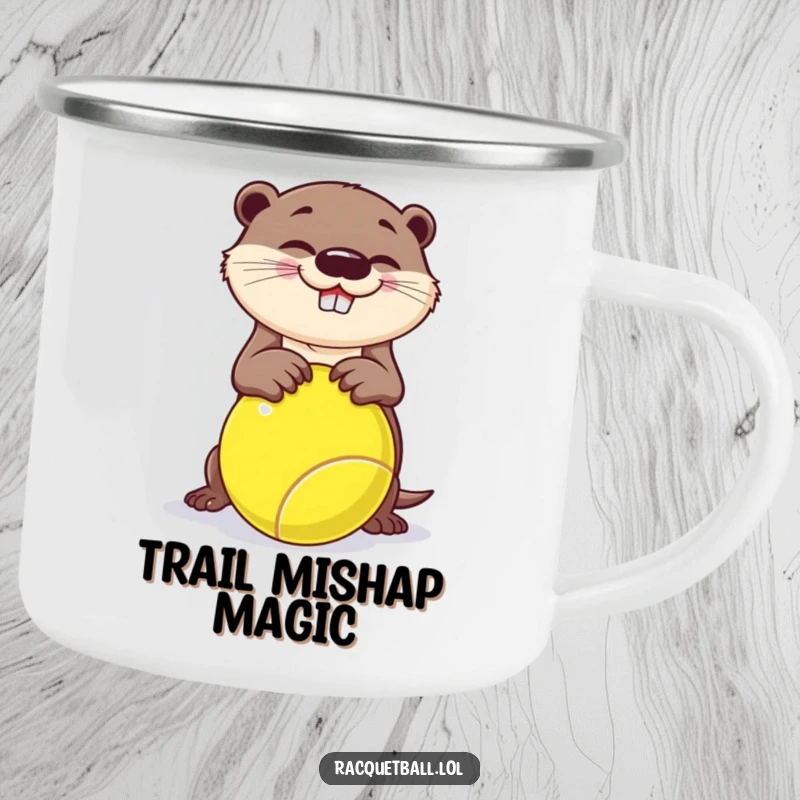 Funny camping mug, a playful otter tripping over a giant racquetball, for humorous outdoor refreshment.