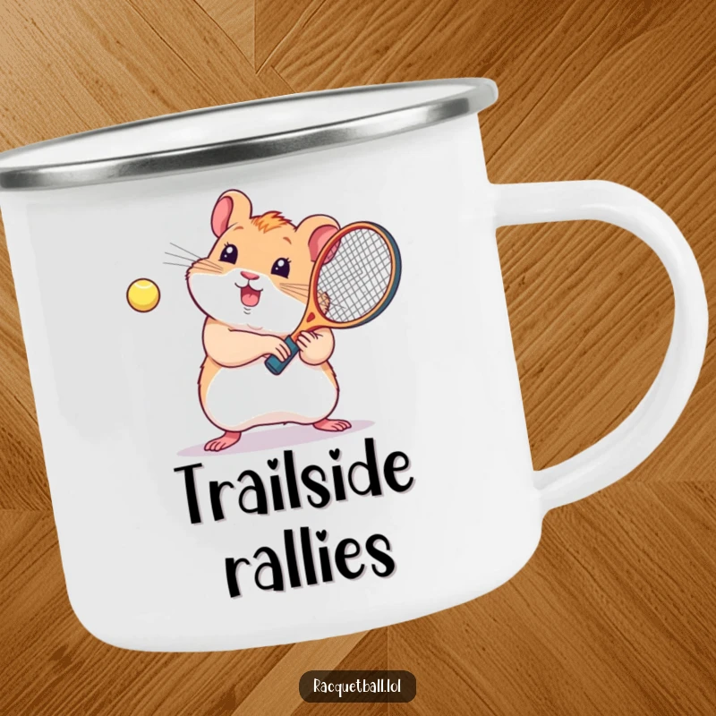 Funny camping mug, a cute kawaii hamster playing racquetball, for humorous outdoor refreshment.